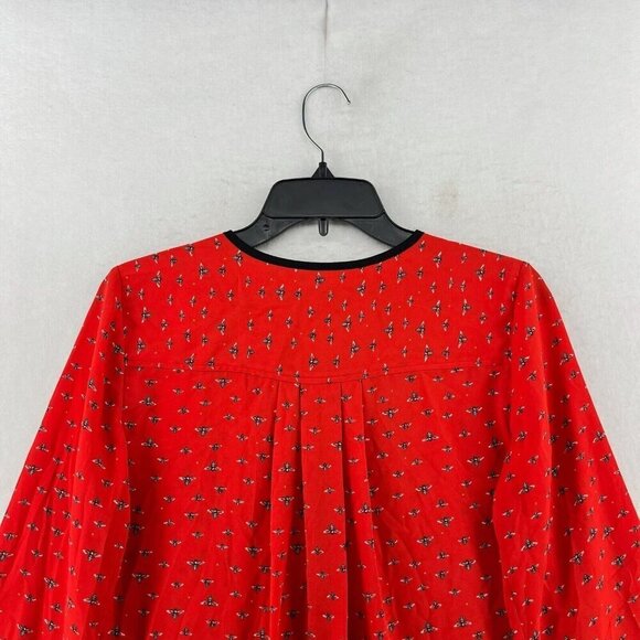 Libby Edelman Blouse Women's Sz XS Red Bee Print Tasseled Tie Front Flowy - Picture 8 of 12
